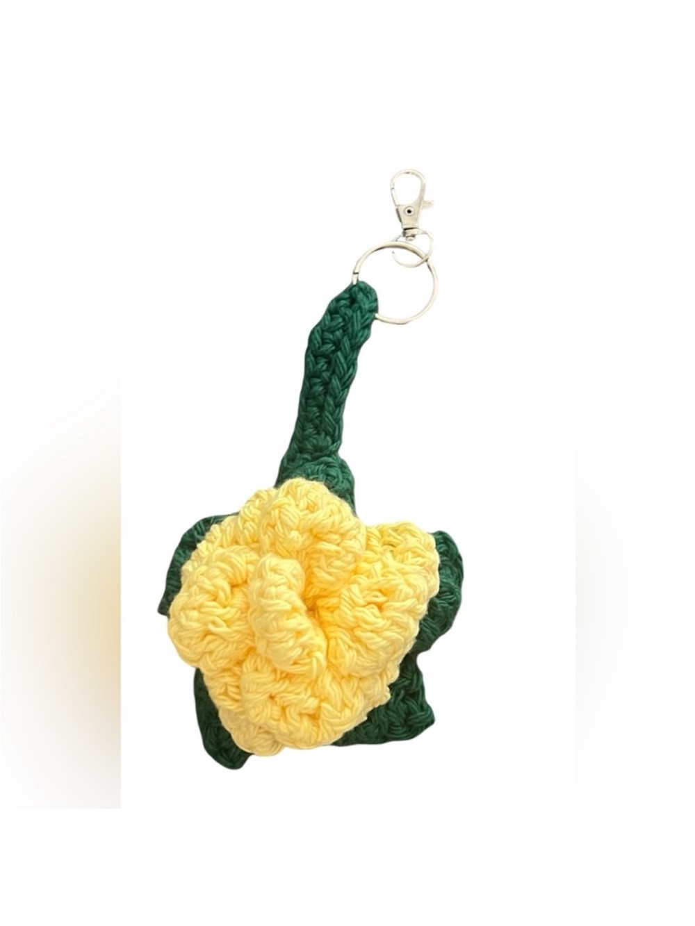 Handmade Yellow Crochet Flower Keychain with Green Stem - FINAL PRICE DROP